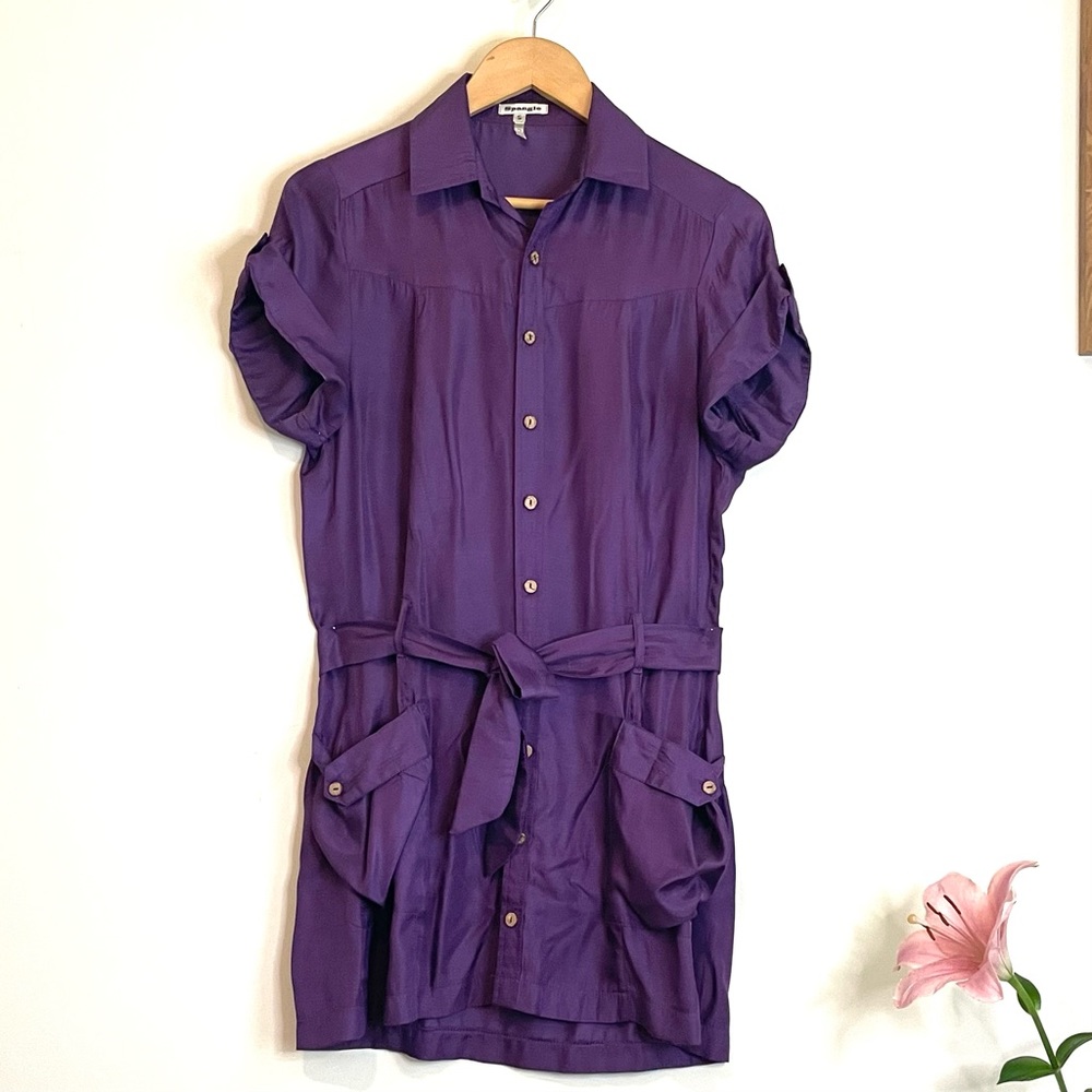 Vintage Purple Silk Short Sleeve Button Up Mini Dress w/ Oversized Pockets